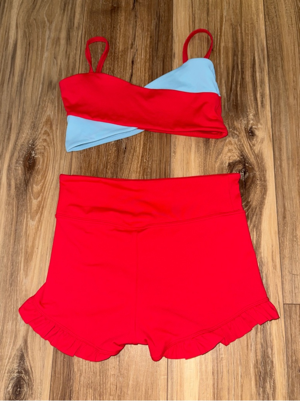Tiger Friday Two-Tone Red & Light Blue with High-Waist Ruffle Shorts adult small
